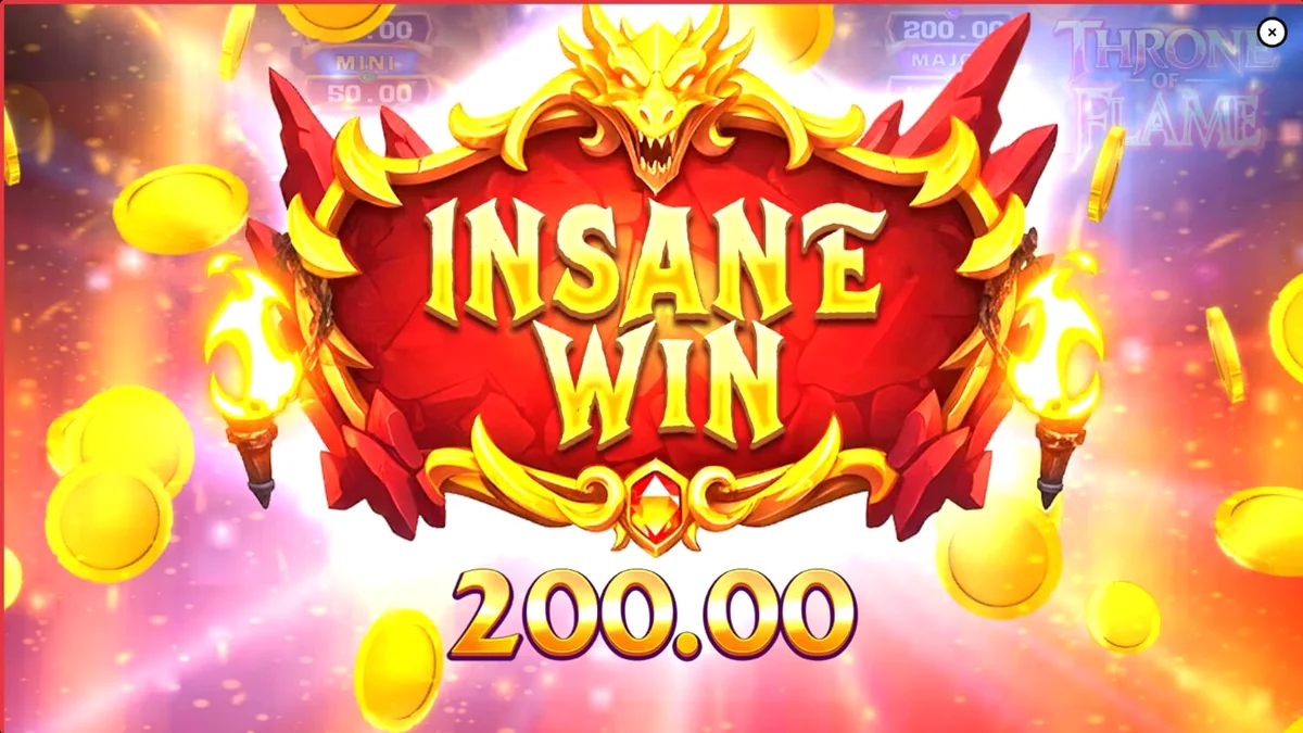 Tampilan visual slot Throne of Flame dengan naga dan harta karun