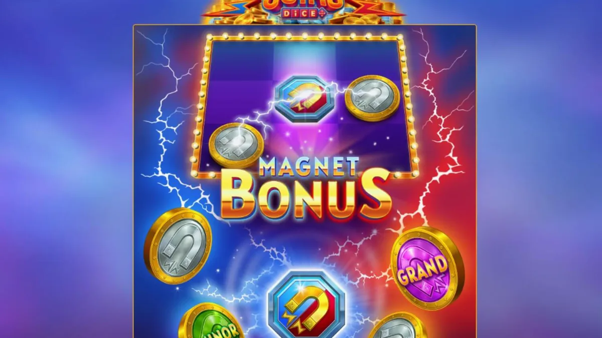 Tampilan layar mesin slot Magnetic Coins Dice dengan simbol koin dan magnet