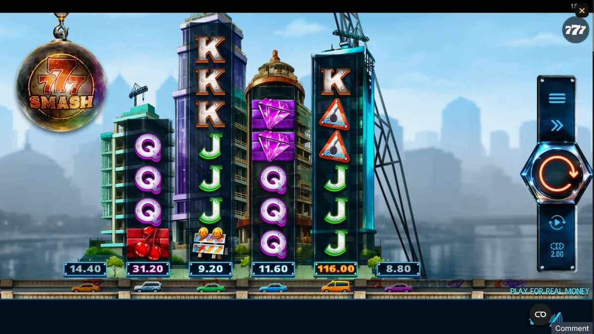 Tampilan layar permainan slot 777 Smash dengan tema konstruksi industrial dan bola penghancur.